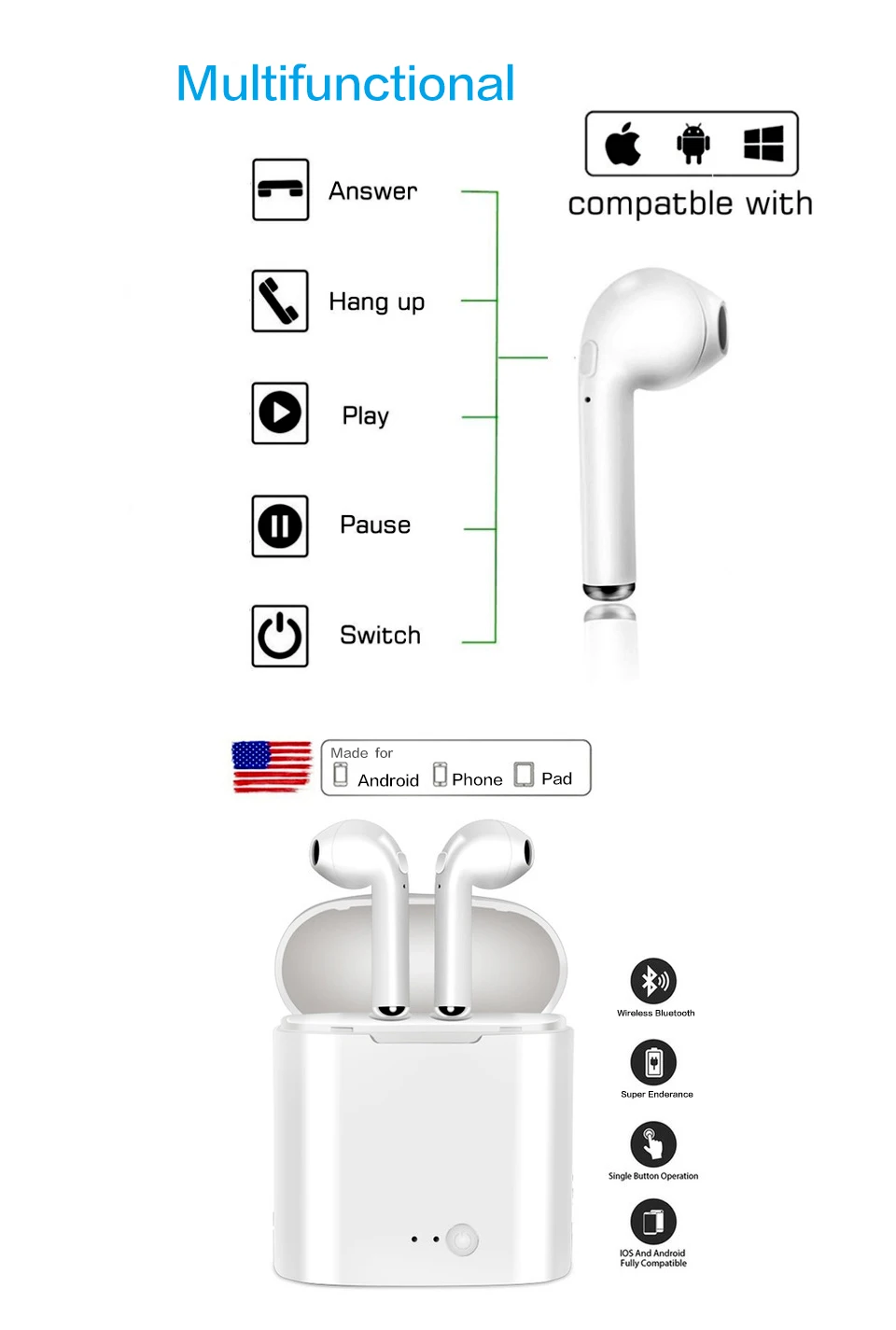 Новое поступление Xeno i7 TWS, мини беспроводные Bluetooth наушники, стерео наушники-вкладыши, гарнитура с зарядным устройством, микрофон для iphone, huawei и т. Д