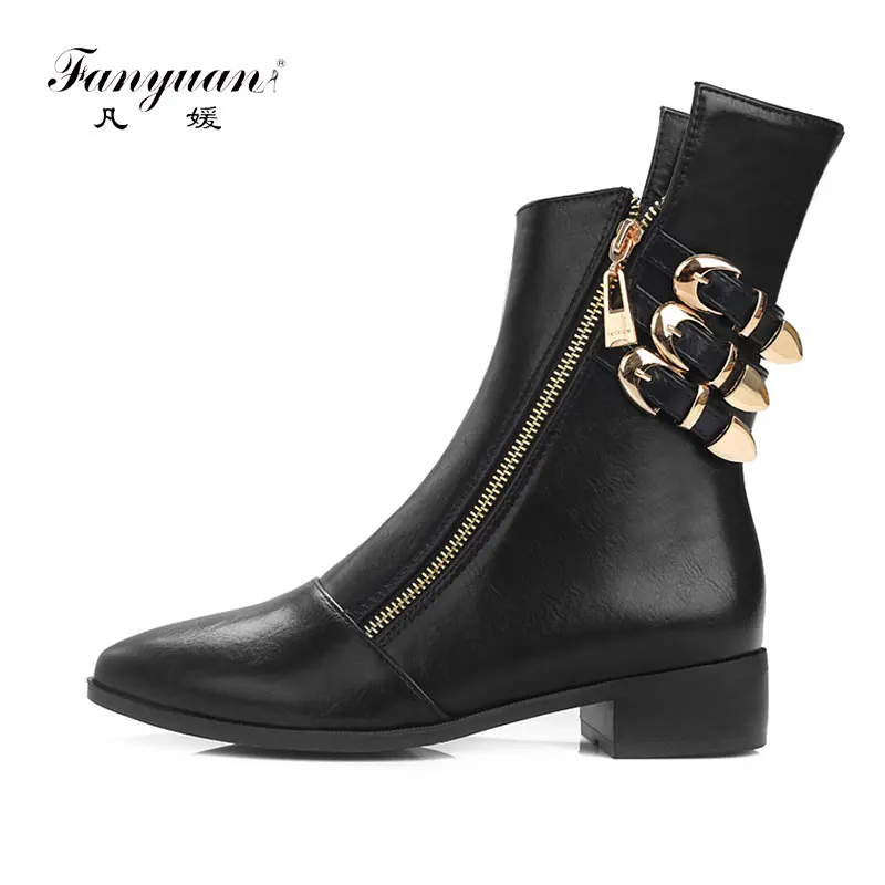 Najtaniej Fanyuan jesień zima wygodne i modne buty buty damskie do kostki Chelsea buty zamek metalowe ozdoby niskie obcasy grube szpilki szpiczasty nosek damskie buty