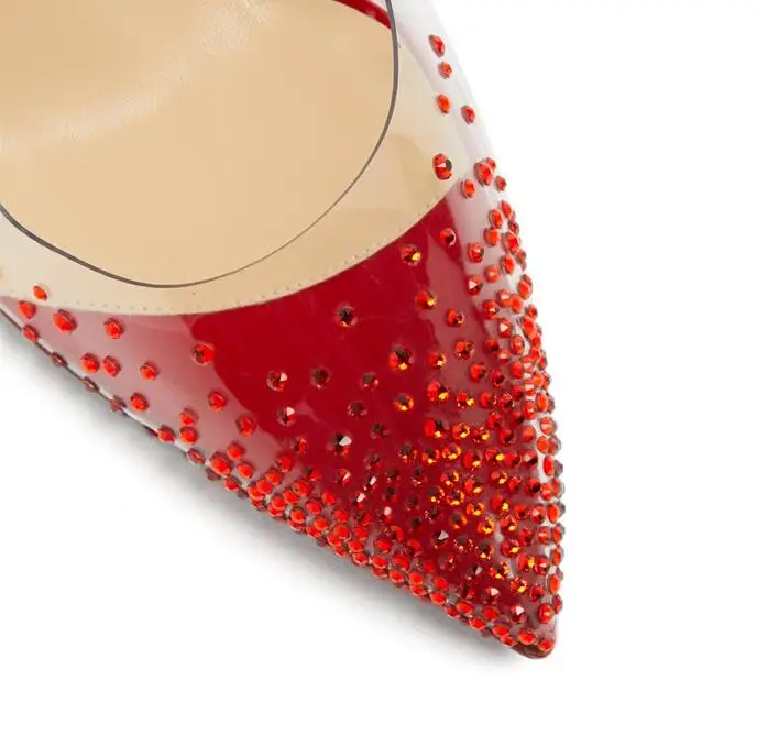 Brand Ladies Pumps Red Clear PVC Wedding Shoes Bride Crystal Pointed Toe High Heel Pumps Red Patent Leather Party Wedding Shoes