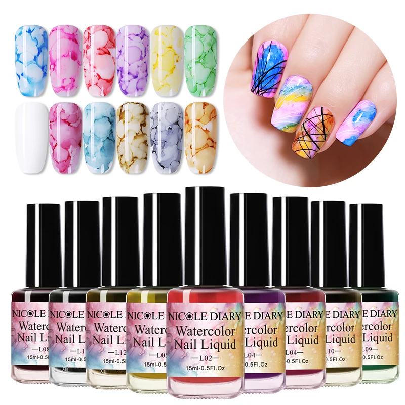 

NICOLE DIARY 15ml Blossom Effect Nail Polish Watercolor Nail Ink Red Purple Blue Clear Manicure Nail Art DIY Lacquer Varnish