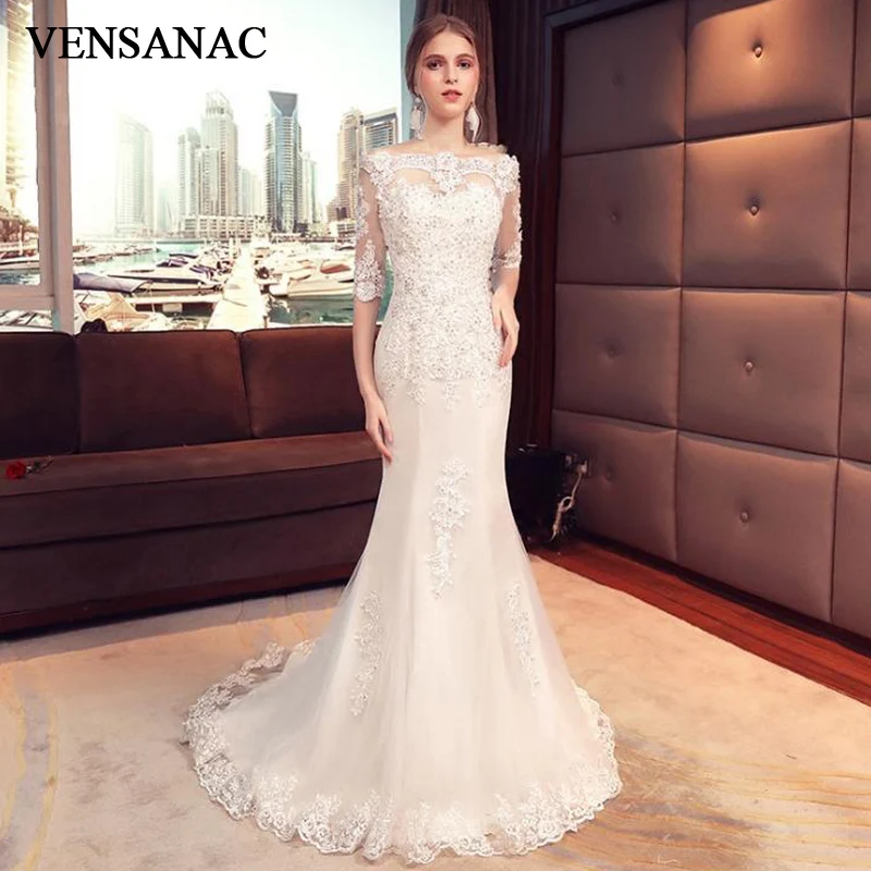VENSANAC Boat Neck Sequined Sweep Train Mermaid Wedding Dresses 2018 Lace Appliques Illusion Half Sleeve Bridal Gowns | Свадьбы и