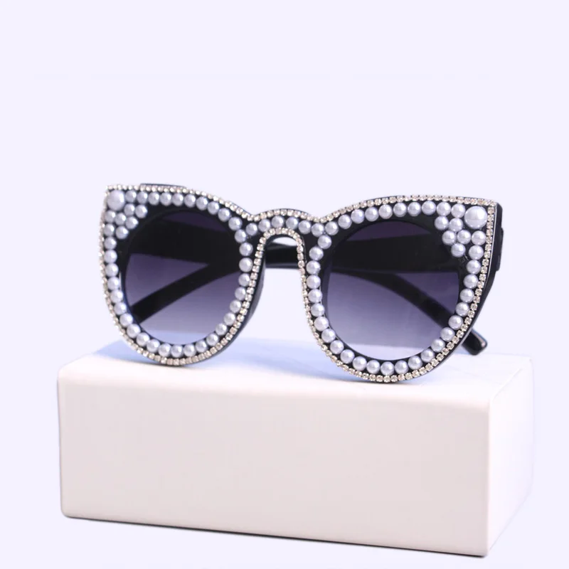 Новинка, дизайнерские женские солнцезащитные очки больших размеров с жемчугом, кошачий глаз, алмаз, большие оттенки, модные классические уникальные женские вечерние очки UV400 - Цвет линз: C2