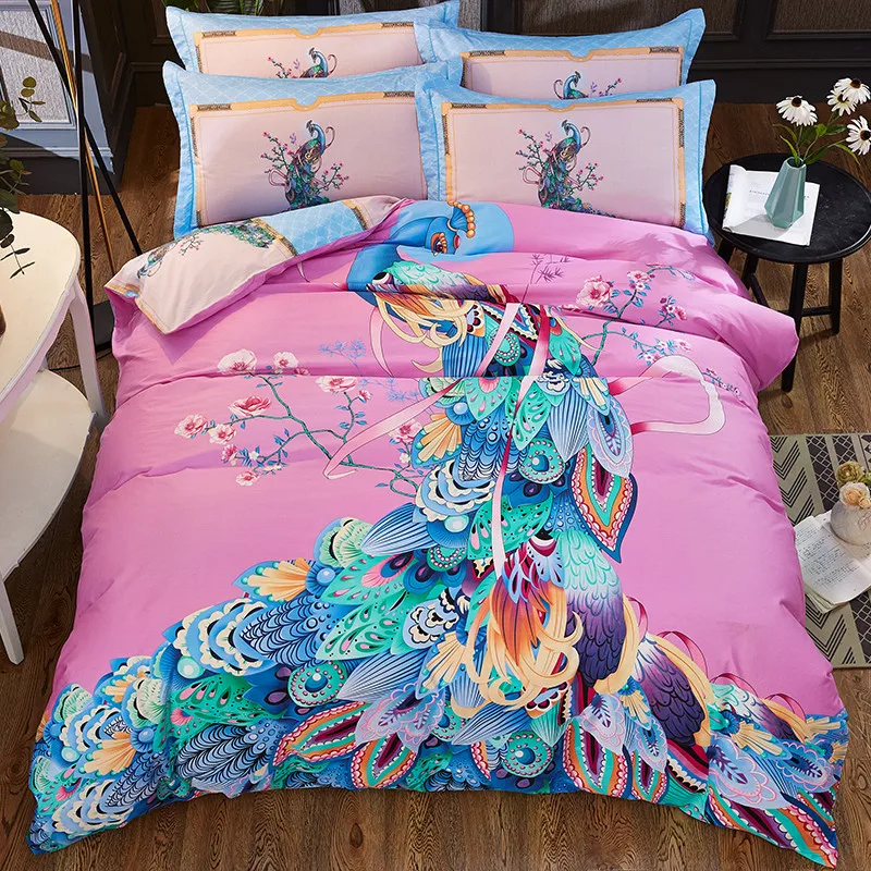

luxury Pink Chinese Style Peacock Flower printing 100% Cotton Bedding Set Duvet Cover Bed sheet Pillowcases Queen King Size 4pcs
