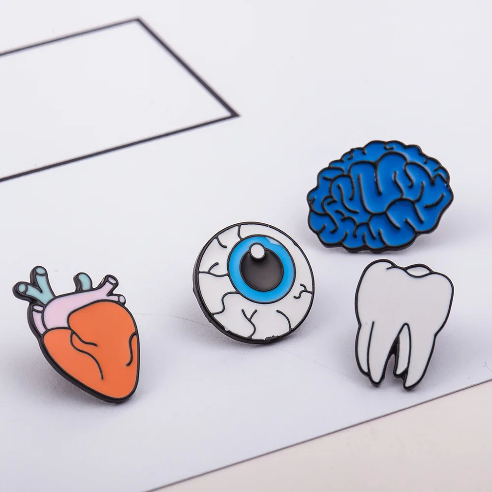 

10 pieces/lot Brooch Pins Women Men Enamel Metal Heart Tooth Brain Eye Organ Brooches Badges Cartoon Jewelry Clothes Accessories