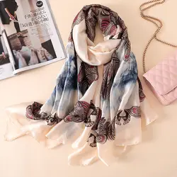 2019 новый бренд Для женщин шелк парео мягкий печати шелковые шарфы большой платки и палантины Длинные Леди Пашмина, хиджаб накидка для пляжа