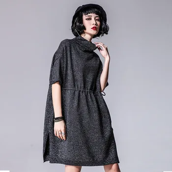 

Europe Spring 2020 Womens High Fashion Loose Turtleneck Short Bat Sleeve Split Striped Knitted Sweater Dress Female Silver Dress