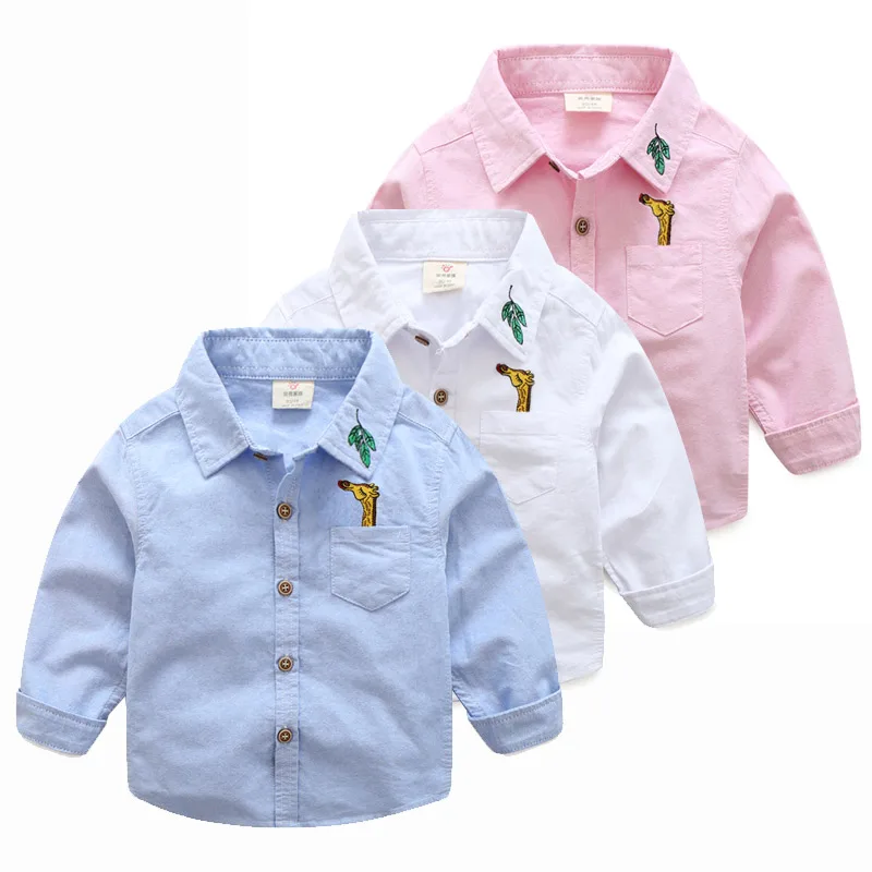 

2018 Spring Autumn Male Children'S Birthday Clothing Cotton Turn-Down Collar Long Sleeve Embroidery Animal Baby Kids Boys Shirt