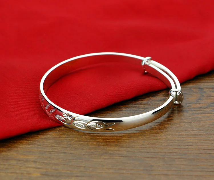 Bohemian Vintage Retro Silver Bracelets for Women - Classic Carved Leaf Plum Design with Zircon, Crafted in Solid 925 Sterling Silver image 3