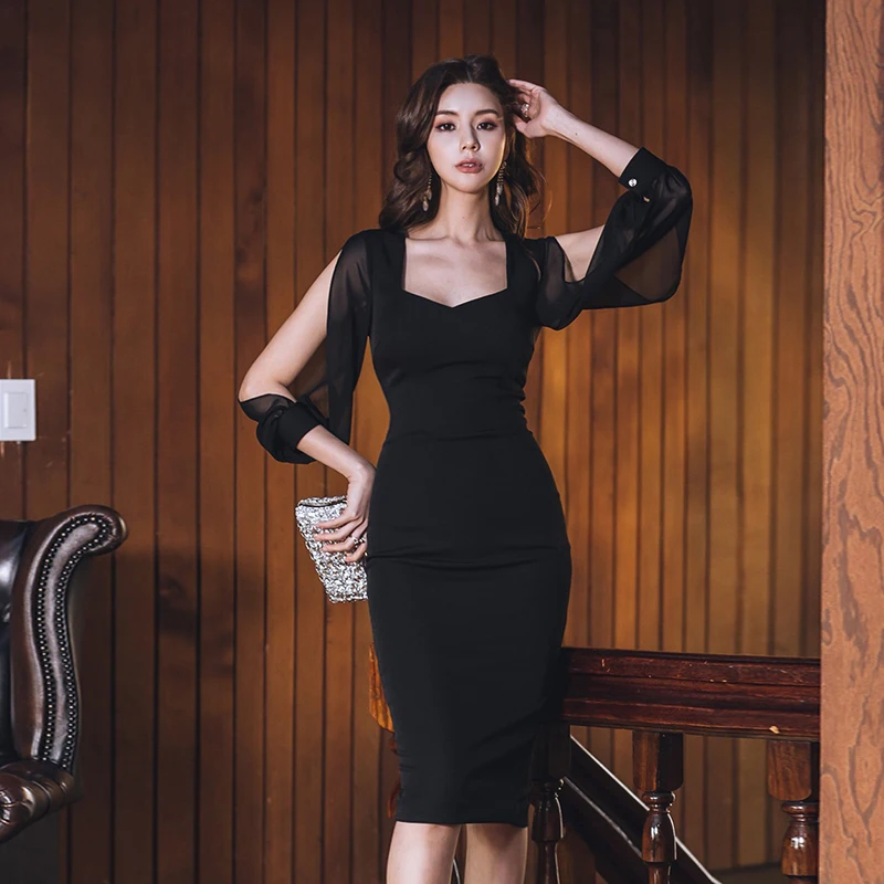 

Spring Black Party Elegant Mesh Sleeve Solid Dress Autumn Women Streetwear Club Party Dress Dresses