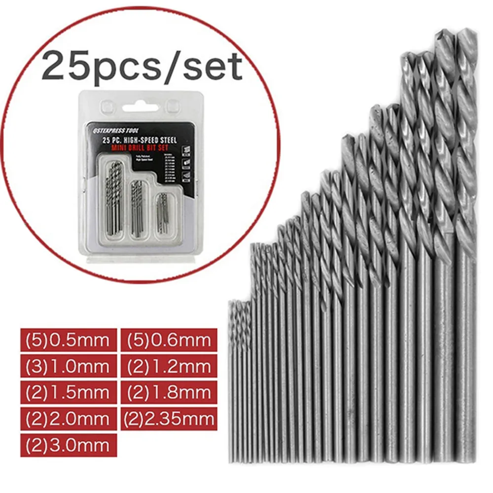 25pcs/set Micro Hss Twist Drill Bit Set High Speed Steel Woodworking Mini Drill For Rotary Tools Wood Drilling 0.5mm~3mm