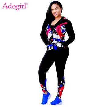 

Adogirl Fashion Print Women Two Piece Set Tracksuit Zipper Long Sleeve Hooded Jacket Sweatshirts Top + Fitness Pants Gym Outfits