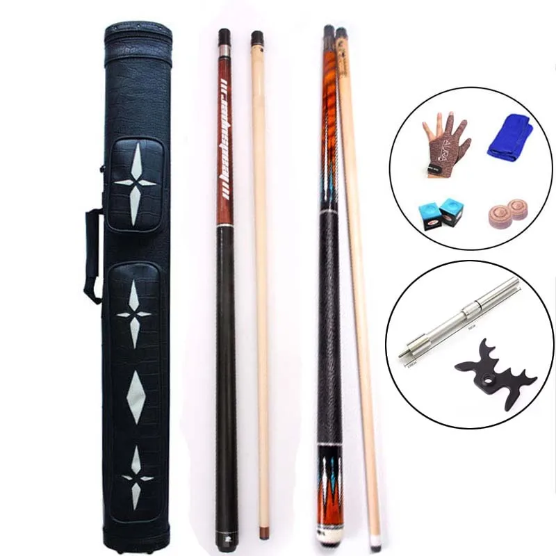 

8K4 China Billiard Pool Cues with Extension 11.5mm 12.75mm 10mm Tip 8 Pieces Wood Laminated Shaft, Punch Jump Cue, Case ,Glove
