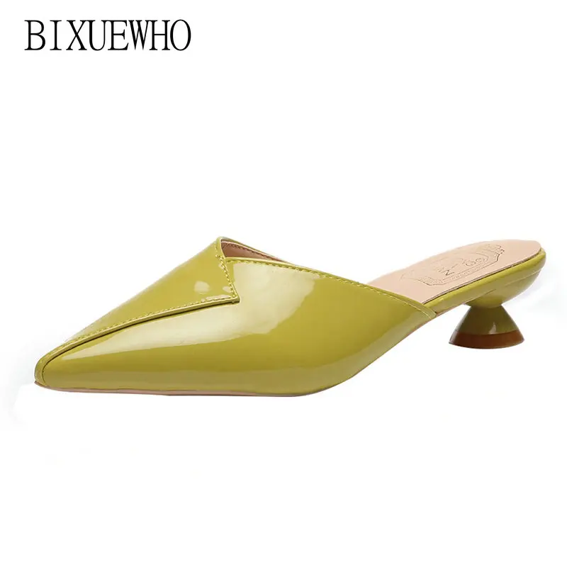 

4 Colors 2019 New Elegant Summer Ladies Slippers Women Pointed Toes Spike Med Heels Shoes Woman Outside Walking Casual Slippers