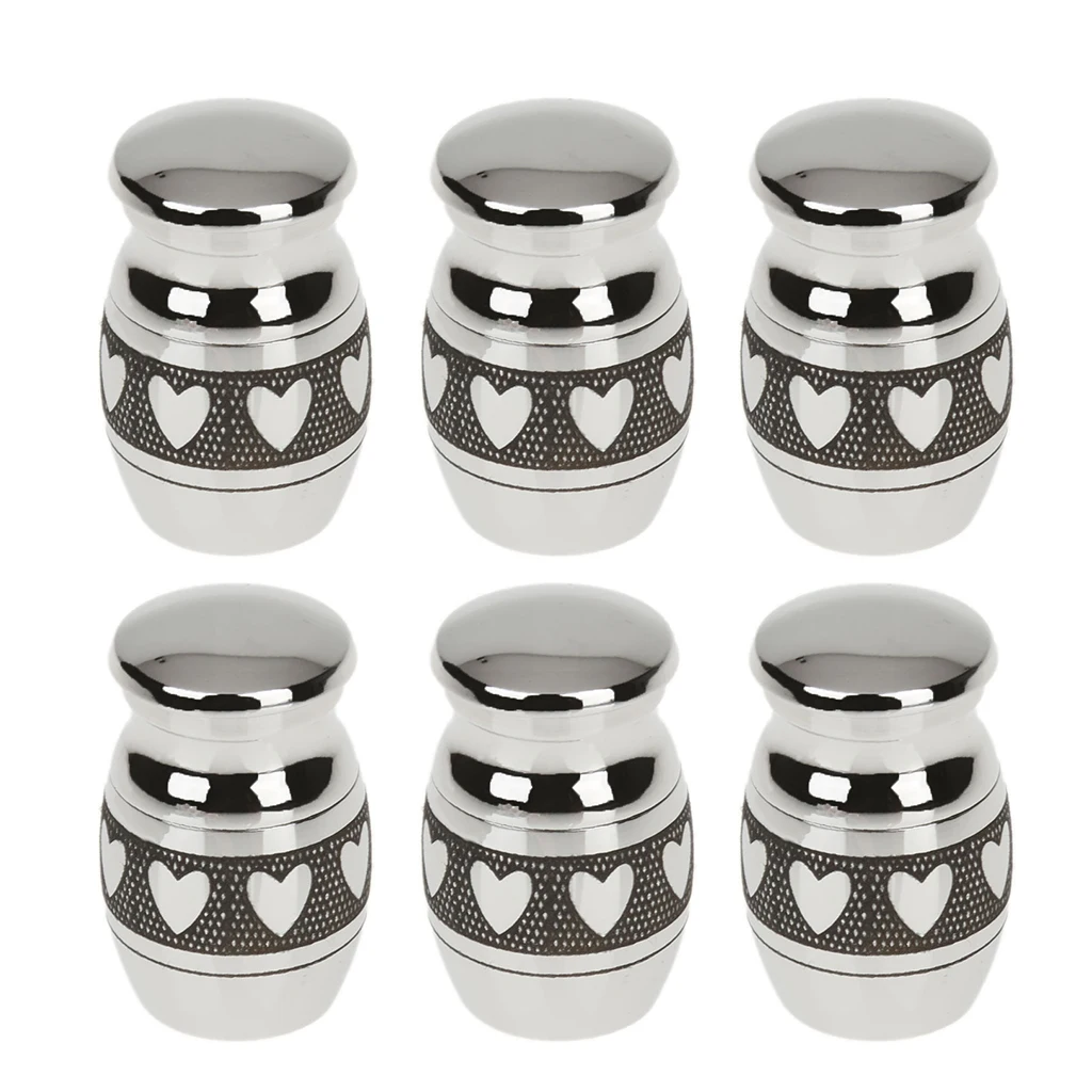 6pcs Heart Pattern Stainless Steel Cremation Urn Ash Holder Memorial Container Mini Jar Pot Pendant Jewelry