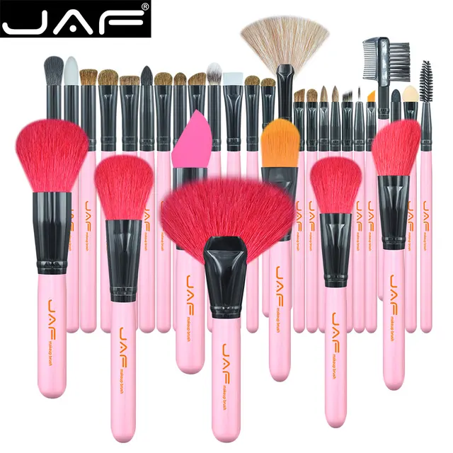 JAF Pink 32pcs Makeup Brushes, Absolute Natural Animal Hair Make Up
