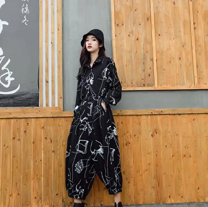 

High waist jumpsuit female 2019 new women's hip hop loose loose workwear wide leg pants nine pants long jumpsuit S-L