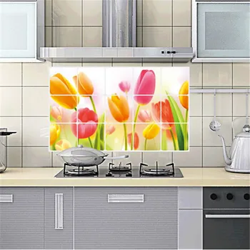 1 PCS 2019 New Arrival Tulip Pattern Water proof Wall Sticker Aluminum Foil Oil proof Sticker for Kitchen Home Decoration Poster