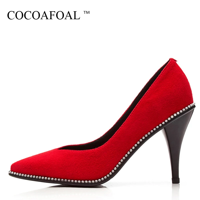 

COCOAFOAL Woman Red Wedding Shoes Plus Size 34 - 42 Sheepskin Sexy Pumps Stiletto String Bead Pointed Toe High Heels Shoes 2018