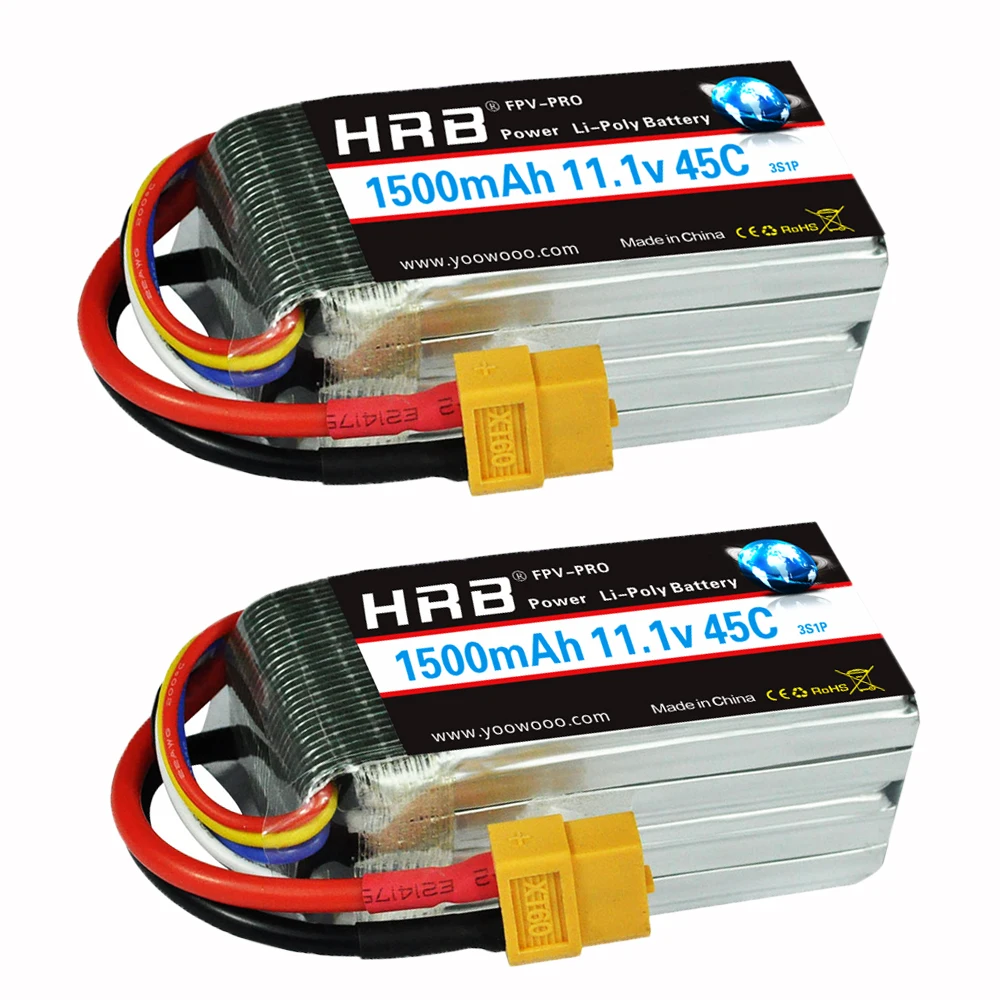 

2pcs HRB RC FPV Racing Lipo 3S Battery 11.1V 1500mah 45C 90C XT60 T Mini Tamiya JST For RC Helicopters Airplane Drone KT Plate