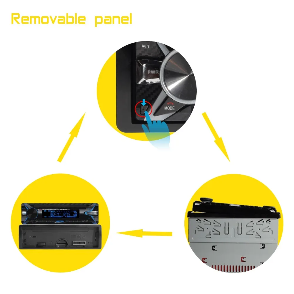 Съемная панель, 12 В, Bluetooth, автомобильный стерео аудио в тире, 1Din, Авторадио, fm-передатчик, mp3-плеер с AUX-IN, SD, USB, MMC, WMA, FLAC