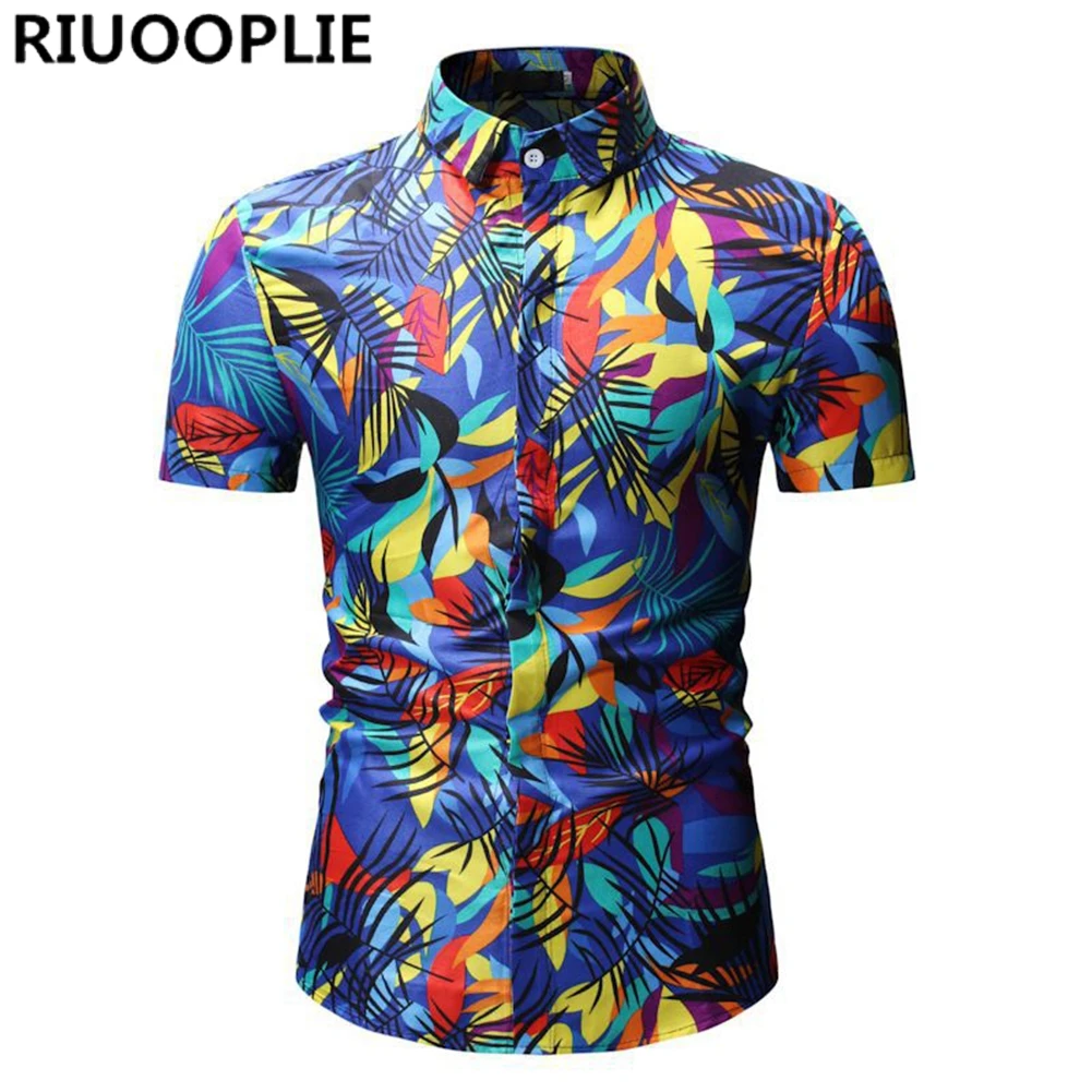 RIUOOPLIE Mens Hawaiian Shirt Flower Leaf Beach Party Casual Holiday Short Sleeve 5
