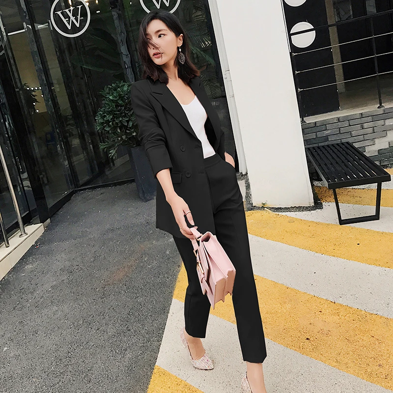 BGTEEVEER Casual 2 Pieces Set Women Pant Suits Notched Collar Blazer Jacket & Ankle-length Pants OL Female Suits 2018 Autumn