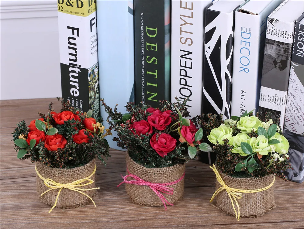 Artificial Tea Rose Flowers Arrangements+Vase Decorative Silk Flower