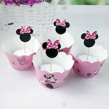 Girls Kids Favors Cute Minnie Theme Decorate Cupcake Wrappers Birthday Events Party Cake Toppers Baby Shower Supplies 24pcs=1Set