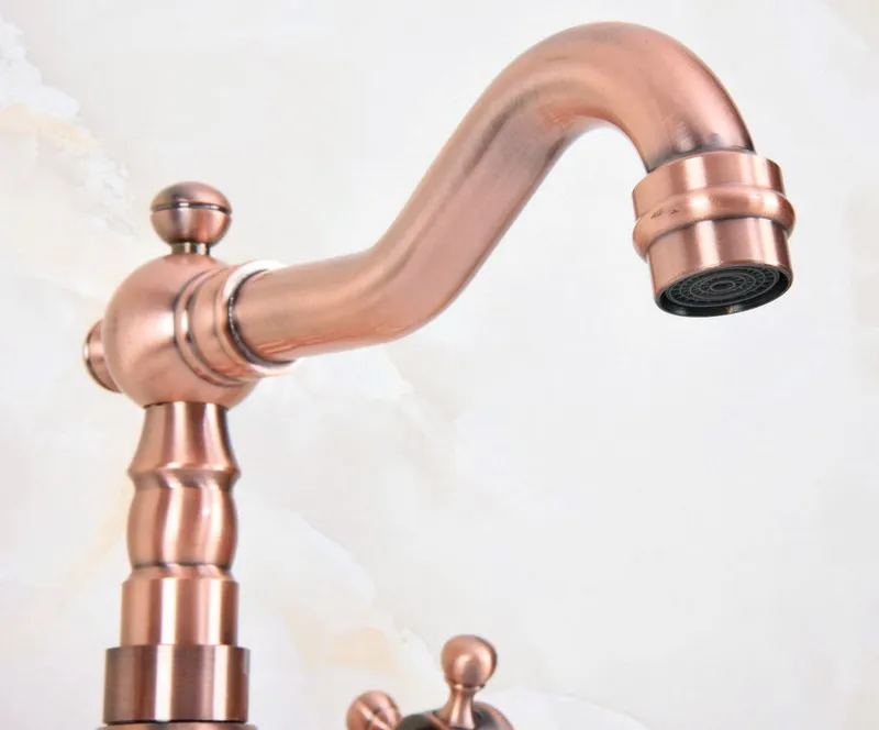 Antique Red Copper Brass Dual Cross Handles Bathroom Kitchen Basin Sink Faucet Mixer Tap Swivel Spout Deck Mounted mnf615