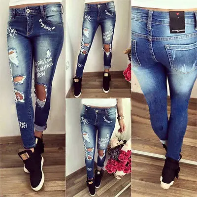 

2016 Autumn Fashion New Sexy Women Hole Denim Skinny Pants High Waist Stretch Jeans Slim Pencil Trousers