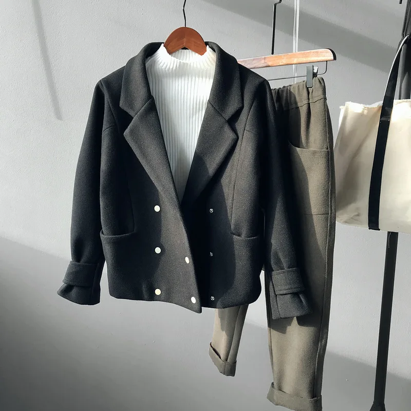 Повседневное свободное короткое Женское шерстяное пальто с отложным воротником зимняя куртка двубортное кашемировое пальто - Цвет: Черный