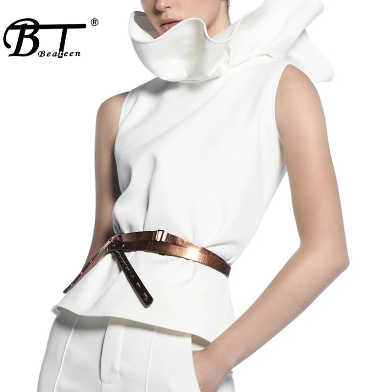 

Beateen 2019 Summer New Collections Ruffles Neckline Sleeveless Solid Casusal Fashion Women Party Office Lady Tops Back Zipper
