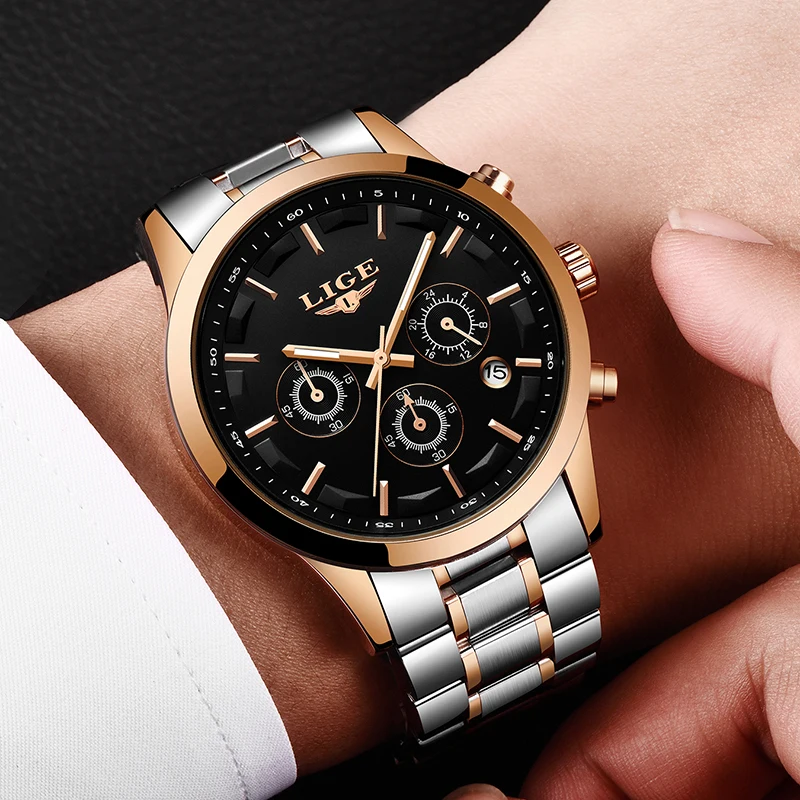 LIGE Mens Watches Top Brand Luxury Men's Waterproof Military Sport Watch Stainless Steel Analog Quartz Watches Relogio Masculino