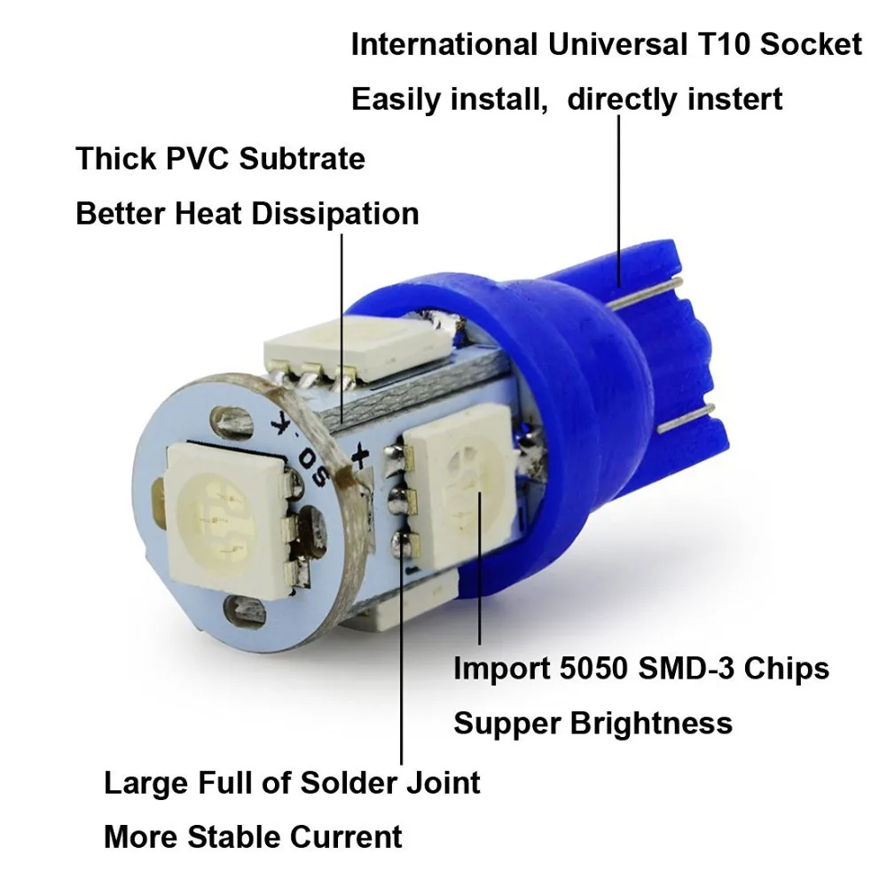 500 шт. T10 Клин 5SMD 5050 ксеноновые Светодиодный лампочки 192 168 194 W5W 2825 158 белый Dashboard номер лицензии плиты лампочки