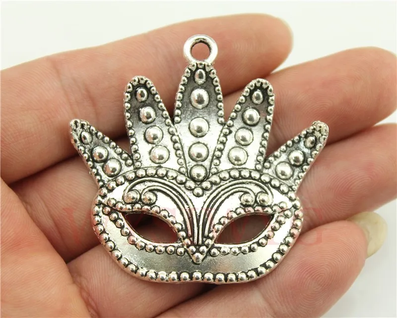 WYSIWYG 1pcs 48x50mm Masquerade Mask Pendants Antique Silver Color Mask Charm Big Mask Charm For