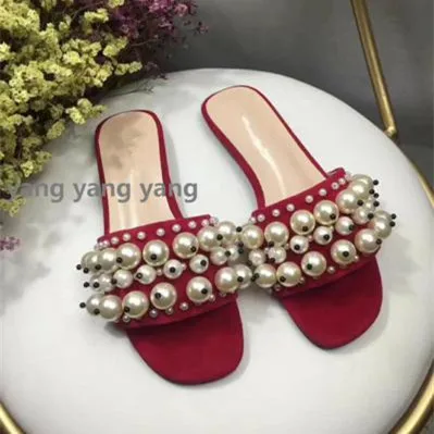 

2018 Hot Summer Shoes Woman Slippers Leather Flats String Bead Pearls Slides Design Slippers Outside Tipe Slippers Shoes Woman