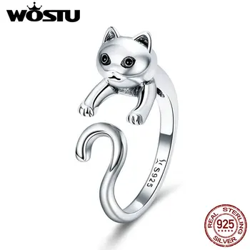 

WOSTU 100% Real 925 Sterling Silver Cute Pet Cat Finger Rings For Women Authentic Silver Party Ring Fine Jewelry Gift BKR409