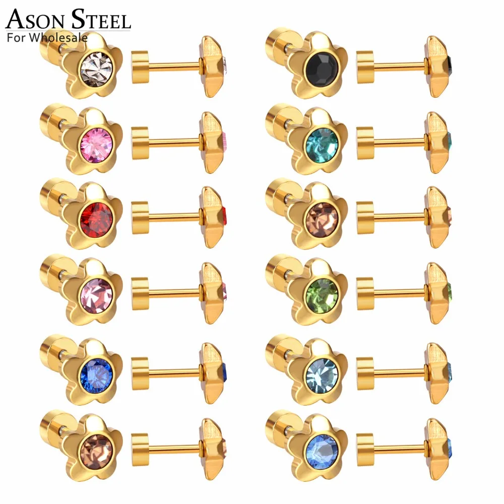 

ASONSTEEL 12pairs/lots Gold/Silver Colorful Cubic Zirconis Flower Screw Stud Earrings Stainless Steel Baby Earring Wholesale