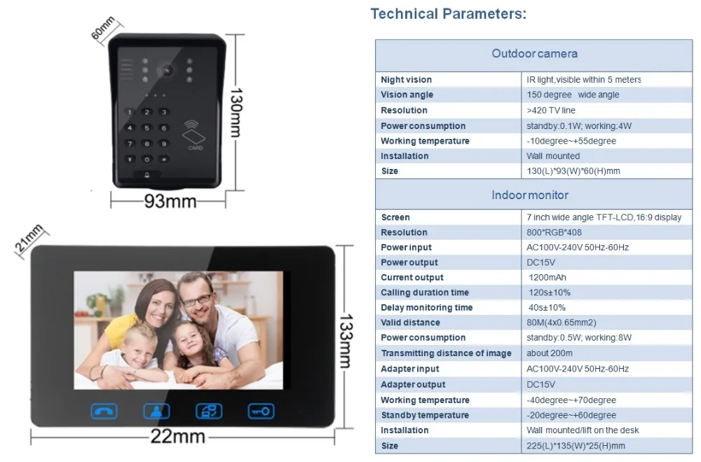 7 ''проводной RFID пароль видео дверной звонок Домофон Система с ИК ночного видения Домофон монитор дверной звонок + брелоки разблокировать