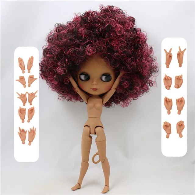doll with hand AB Фабрика blyth кукла 1/6 bjd шарнир тело темная кожа матовое лицо, вино красный микс черные афро волосы, голая кукла 30 см QE155/9103 - Цвет: doll with hand AB