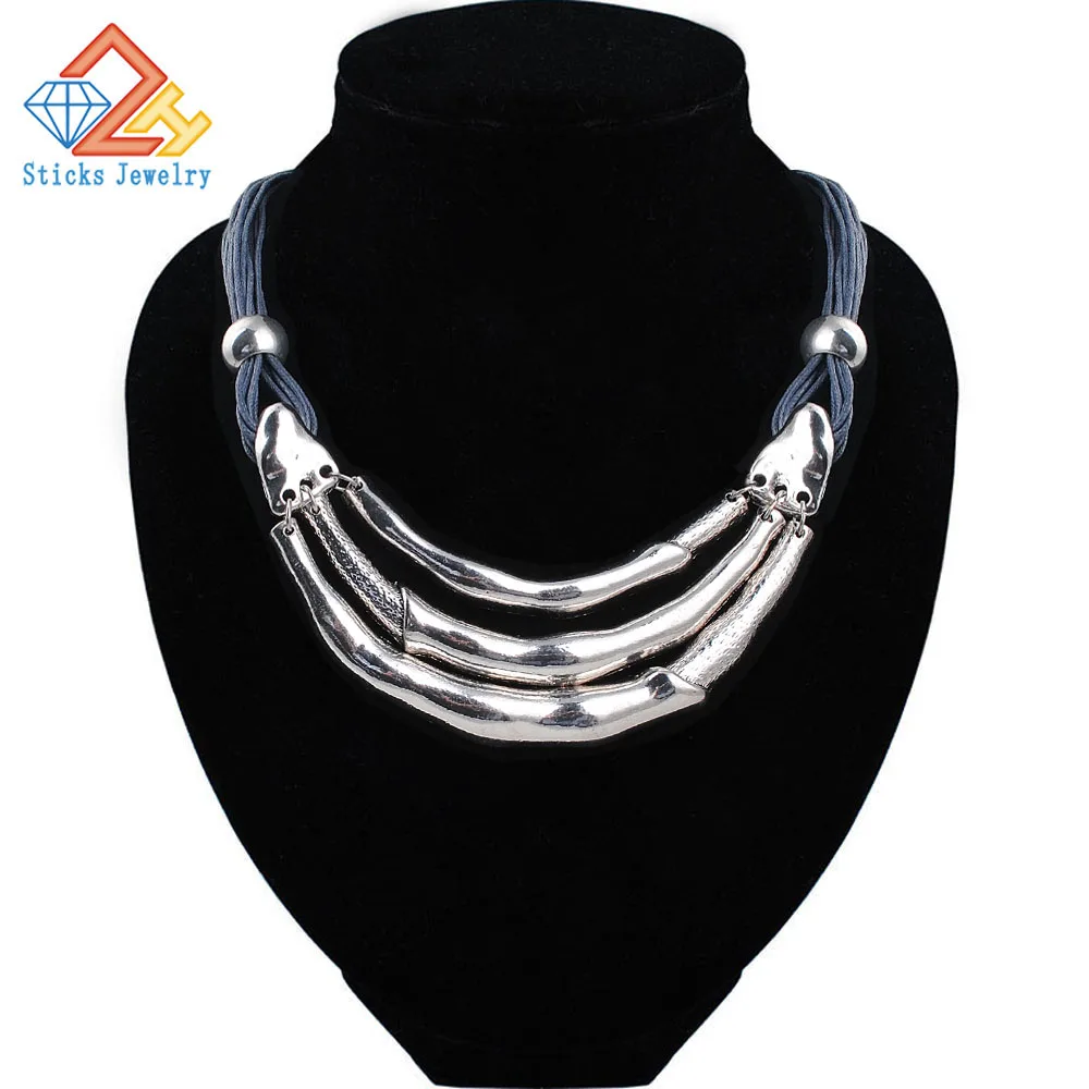 

Free shipping 2015 new retro fashion glossy metal arc wax rope necklace antique silver