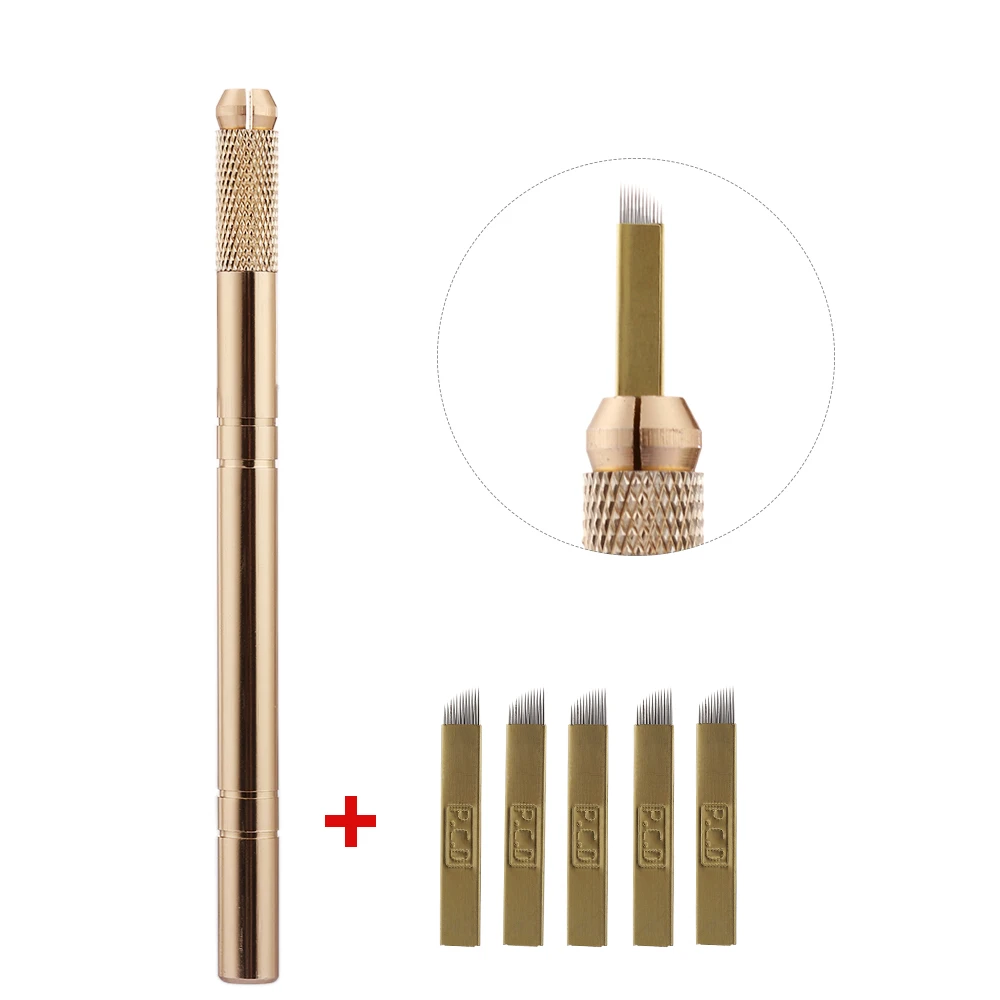 

5Pcs/Set 12 Pins Microblading Needles+Golden 3D Tattoo Embroidery Eye Brow Pen Permanent Makeup Manual Eyebrow Tattoo Kits