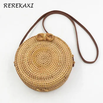 

Women Shoulder Bag Round Handmade Straw Beach Bags Bali Box Bohemian Summer Rattan Circle Crossbody Handbag Female Messenger Bag