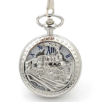 

Silver Tone Skeleton Railway Running Steam Train Pocket Watch Locomotive Mechanical Hand Winding Watches Women Men Gift
