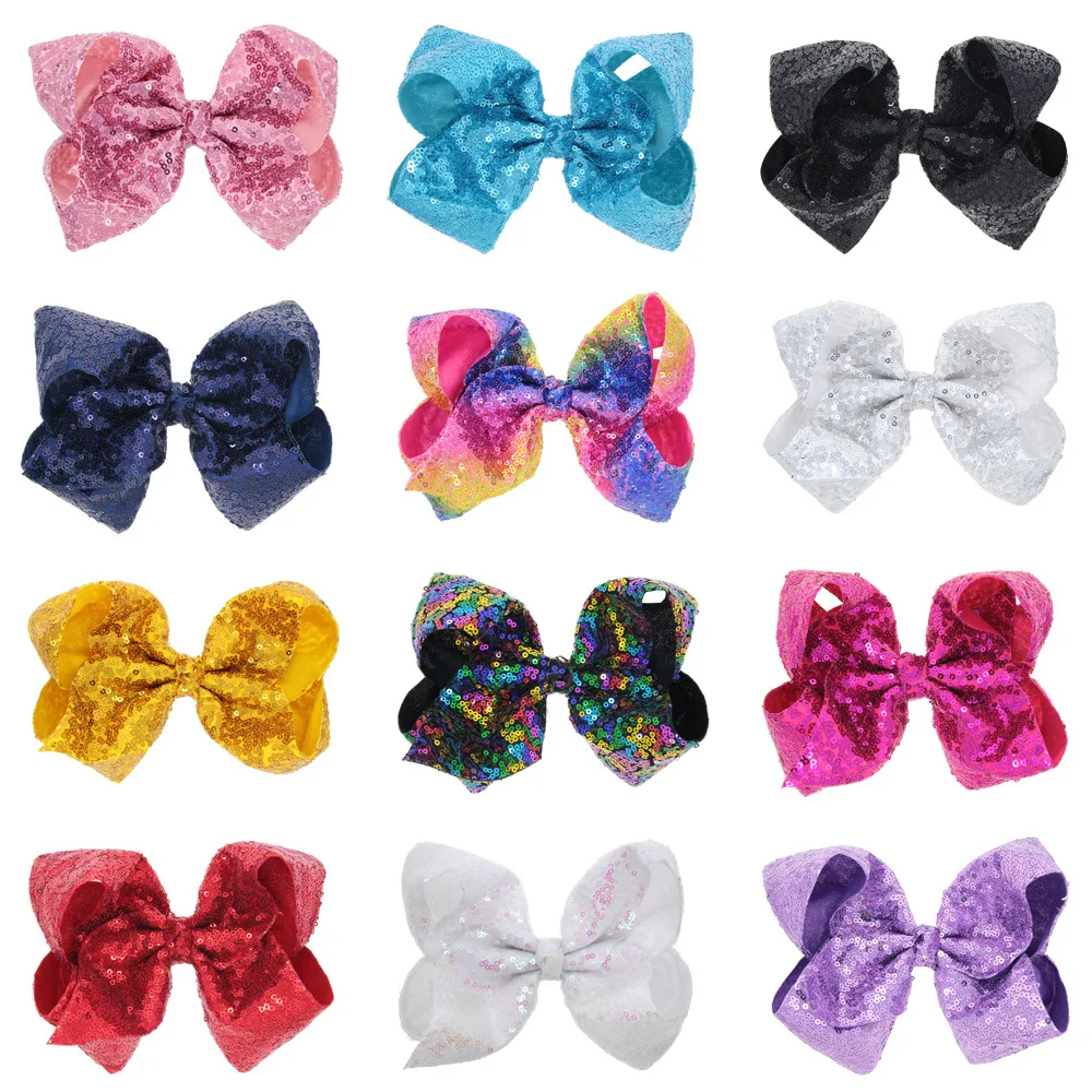 

8Inch 18cm Rainbow Hair Bows Boutique Shimmer Glitter Sequin JOJO Hair Bow With Clip