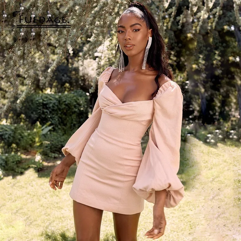 

Fuedage Summer Lantern Sleeve Sexy Dress Pink Ladies Party Dresses Streetwear Nightclub Bodycon Elegant Mini Dresses Vestidos