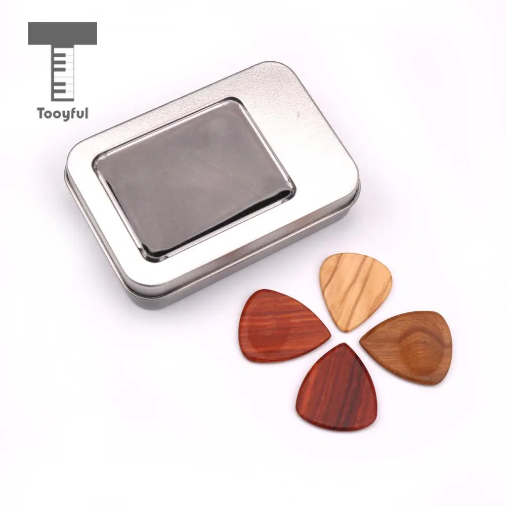 Tooyful Exquisite 4pcs Wooden Guitar Plectrums Picks with Iron Box Set Musical Instrumnet Parts for Guitar Bass Mandolin Banjo