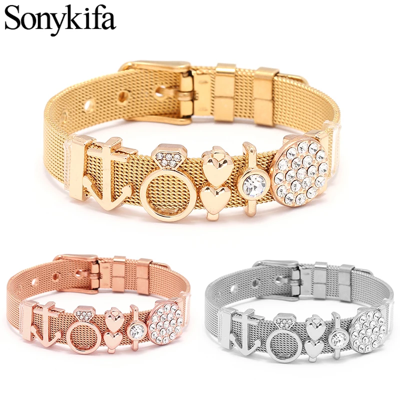 

Sonykifa Jewelry Crystal Arrow Infinity Love Slide Charms Keeper Pandoro Bracelets Stainless Steel Mesh Bracelets as Women Gift