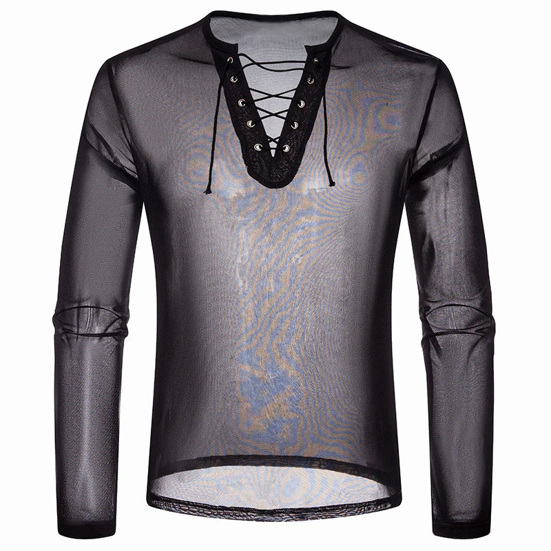 Buy Men's T Shirts Mesh See Through Sexy Long Sleeve V