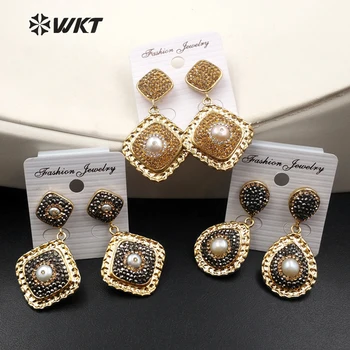 

WKT New Fashion Dangle Earrings Natural Stone Rhinestone Crytal Paved Sparkling Boho Ear Jewelry for Female WT-RE057